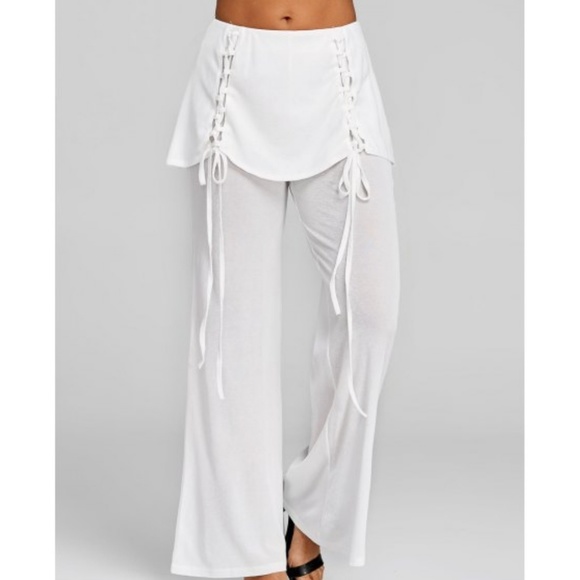 Pants - Wide Leg Pants Cozy Chic Lace Up Peplum